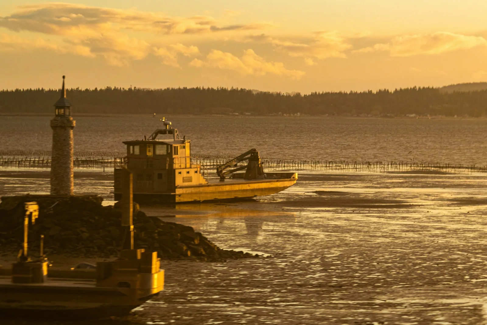 Golden-hour light on Drayton Harbor, with an oyster boat, harbor light and the Semiahmoo peninsula behind